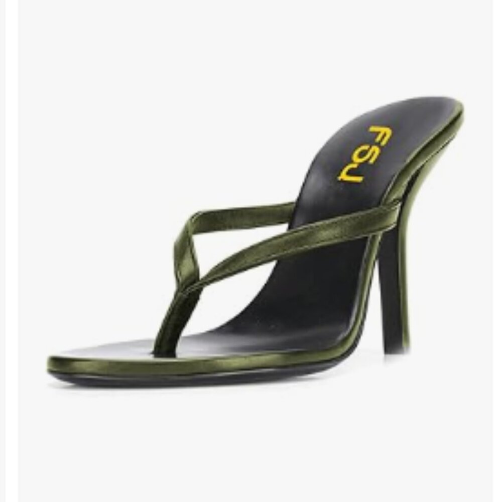 FSJ Olive Green Satin High-Heel Thong Sandals